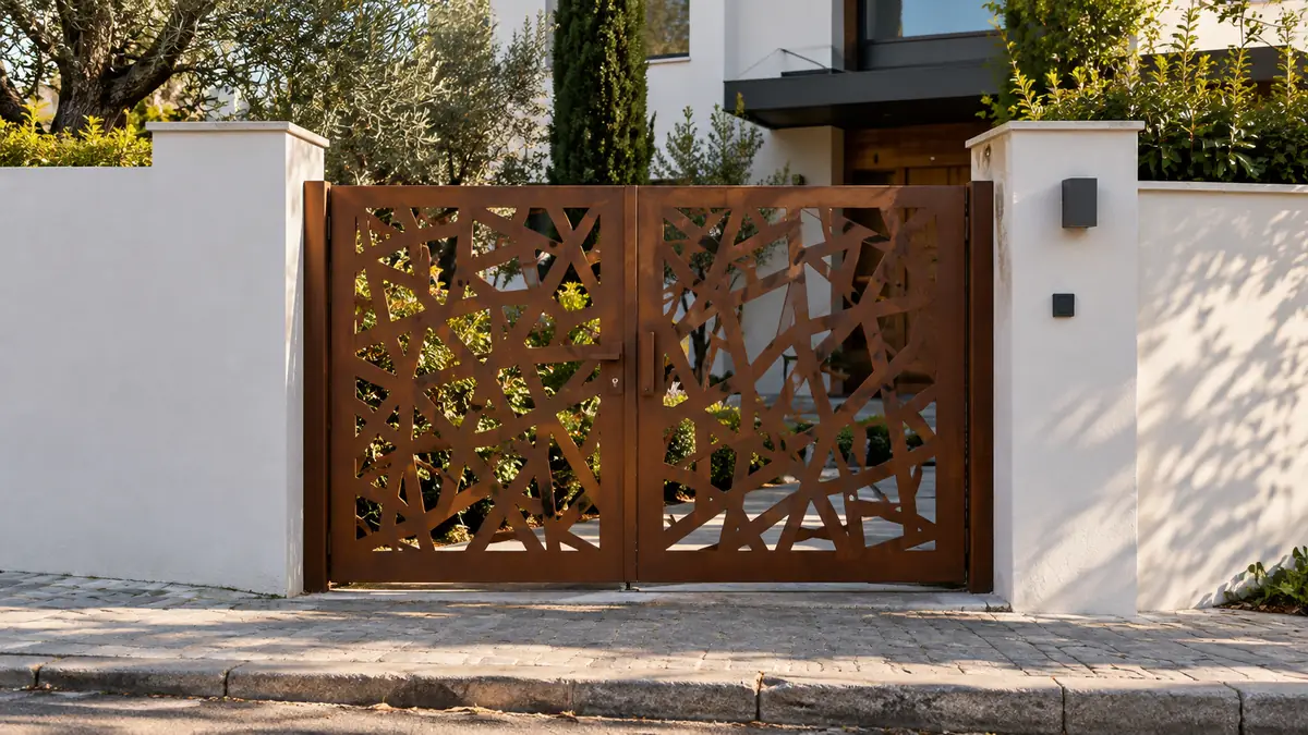 Corten pas tonunda geometrik desenli lazer kesim çift kanat bahçe kapısı