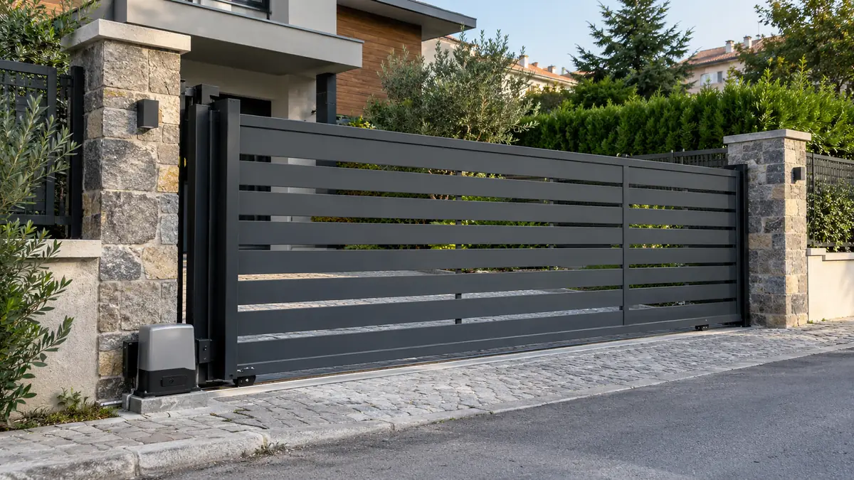 Site girişinde yana kayan raylı demir bahçe kapısı ve kapı motoru