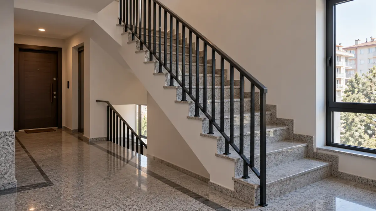 Apartman merdiveninde dikey çubuklu siyah demir merdiven korkuluğu