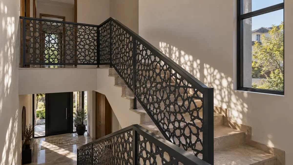 Geometrik desenli lazer kesim metal panel merdiven korkuluğu