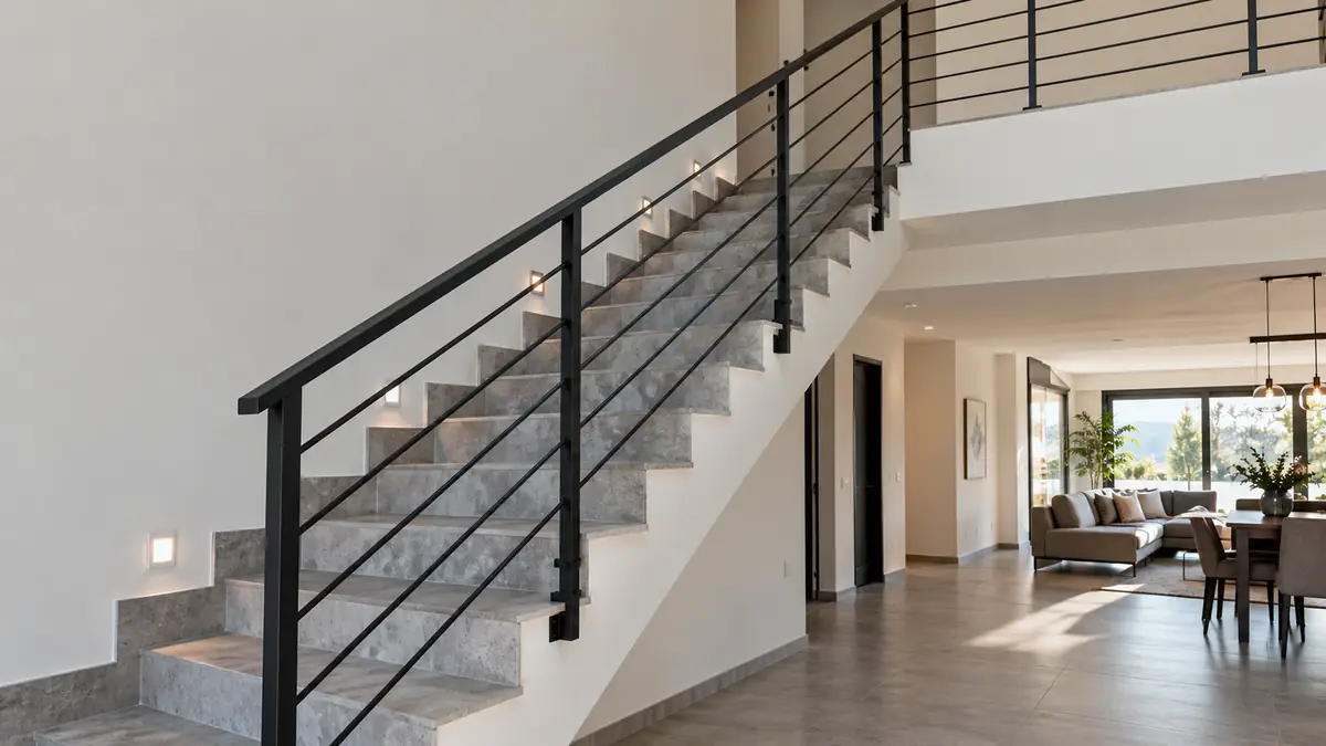 Modern evde yatay çubuklu minimalist siyah merdiven korkuluğu